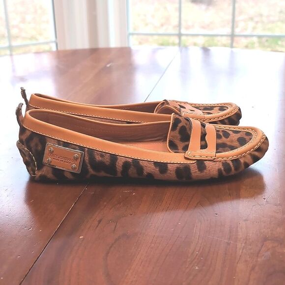 Dolce & Gabbana Tan Leather Trim Animal Print Calf Hair Driving Loafers Sz 38.5 - Picture 1 of 15